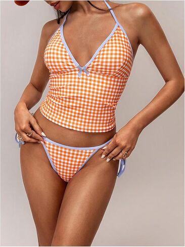 Milumia للسيدات المكون من قطعة بيكيني مجموعة منقوشة طباعة الرسن Tankini مجموعة مع Tie Side Thong in Kuwait