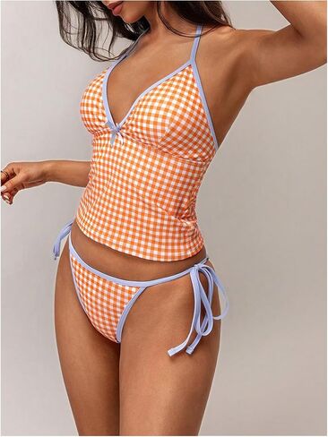 Milumia للسيدات المكون من قطعة بيكيني مجموعة منقوشة طباعة الرسن Tankini مجموعة مع Tie Side Thong in Kuwait