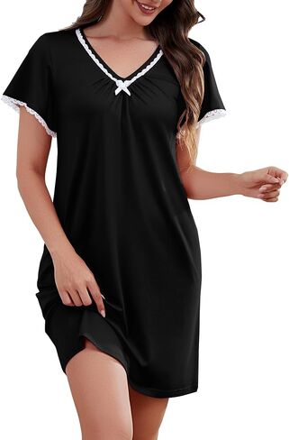 Womens Nightgown V Neck Pleated Sleepwear Short Sleeve Lace Trim Nightshirt Boyfriend Sleepdress in Saudi Arabia