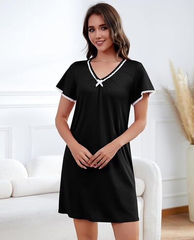 Womens Nightgown V Neck Pleated Sleepwear Short Sleeve Lace Trim Nightshirt Boyfriend Sleepdress in Saudi Arabia