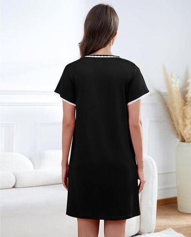 Womens Nightgown V Neck Pleated Sleepwear Short Sleeve Lace Trim Nightshirt Boyfriend Sleepdress in Saudi Arabia