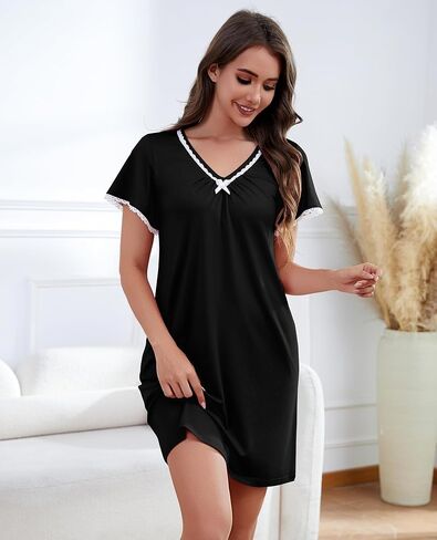 Womens Nightgown V Neck Pleated Sleepwear Short Sleeve Lace Trim Nightshirt Boyfriend Sleepdress in Saudi Arabia