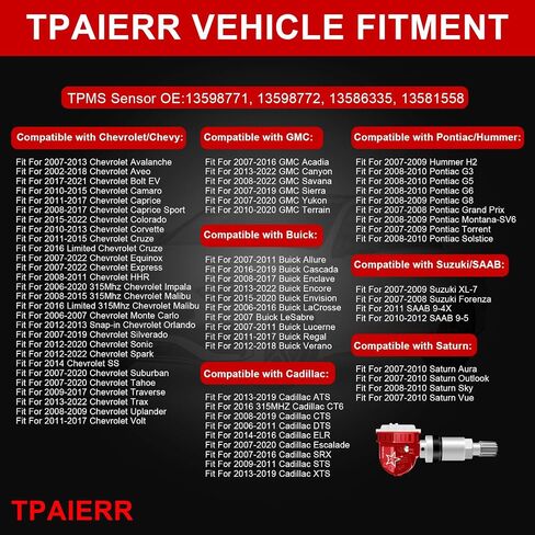 4PCS TPMS Sensor ، 315MHz OE 13598771 13598772 13586335 13581558 نظام مراقبة ضغط الإطارات متوافق مع مجموعة شيفروليه/تشيفي/سيلفرادو/GMC/BUICK/CADILLAC/PONTIAC/HUMMBER من 4 (سوداء) in Kuwait
