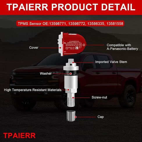 4PCS TPMS Sensor ، 315MHz OE 13598771 13598772 13586335 13581558 نظام مراقبة ضغط الإطارات متوافق مع مجموعة شيفروليه/تشيفي/سيلفرادو/GMC/BUICK/CADILLAC/PONTIAC/HUMMBER من 4 (سوداء) in Kuwait