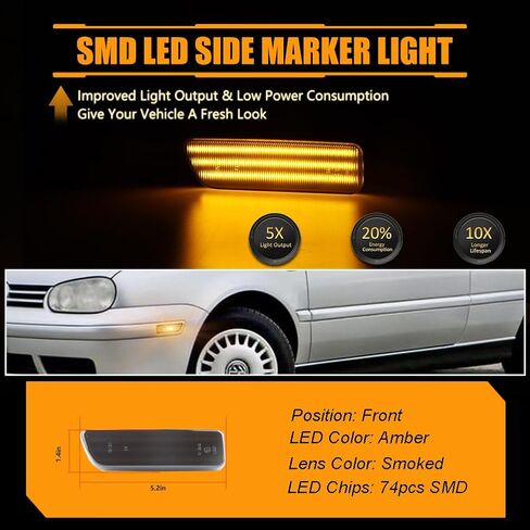Front Fender Side Marker Lights for V-olkswagen 1999-2005 G-OLF MK4, JETTA MK4, 2000-2003 GTI/R32 MK4, 1999-2002 CABRIO, [3 Light Beads 50 SMD Chips] Clear Lens Amber LED Turn Signals, 2 PCS in Kuwait