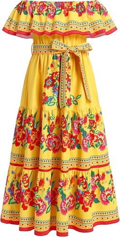 Mexican Dress for Girls Mexican Traditional Folk Floral Print Drape Dress with Flounce Belt Cinco De Mayo Fiesta in Saudi Arabia