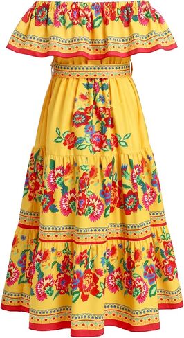 Mexican Dress for Girls Mexican Traditional Folk Floral Print Drape Dress with Flounce Belt Cinco De Mayo Fiesta in Saudi Arabia