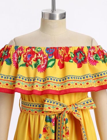 Mexican Dress for Girls Mexican Traditional Folk Floral Print Drape Dress with Flounce Belt Cinco De Mayo Fiesta in Saudi Arabia