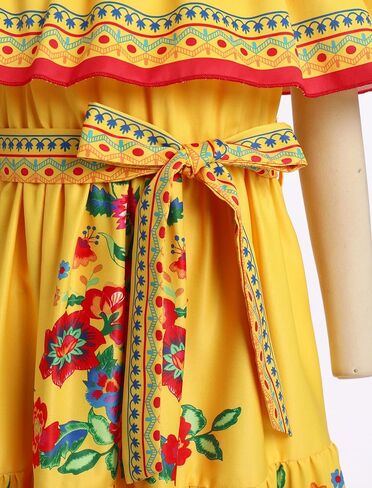 Mexican Dress for Girls Mexican Traditional Folk Floral Print Drape Dress with Flounce Belt Cinco De Mayo Fiesta in Saudi Arabia