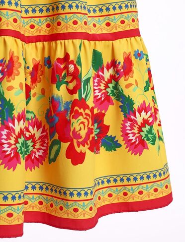 Mexican Dress for Girls Mexican Traditional Folk Floral Print Drape Dress with Flounce Belt Cinco De Mayo Fiesta in Saudi Arabia
