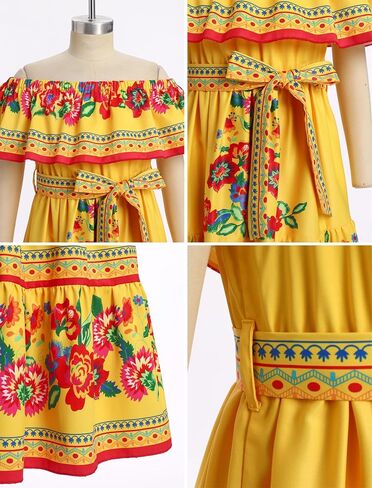 Mexican Dress for Girls Mexican Traditional Folk Floral Print Drape Dress with Flounce Belt Cinco De Mayo Fiesta in Saudi Arabia