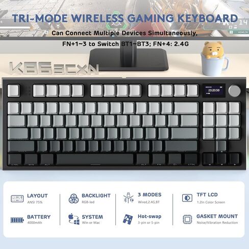 RK86 RGB 75% لوحة مفاتيح ميكانيكية ذات حشية لاسلكية، وضع ثلاثي Bluetooth5.0/2.4G/USB-C 82 مفتاح لوحة مفاتيح ألعاب قابلة للتبديل السريع بطارية 4000 مللي أمبير مع مقبض وشاشة OLED عالية الدقة 1.2 بوصة، مفاتيح خطية مخصصة in Kuwait