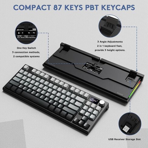 RK86 RGB 75% لوحة مفاتيح ميكانيكية ذات حشية لاسلكية، وضع ثلاثي Bluetooth5.0/2.4G/USB-C 82 مفتاح لوحة مفاتيح ألعاب قابلة للتبديل السريع بطارية 4000 مللي أمبير مع مقبض وشاشة OLED عالية الدقة 1.2 بوصة، مفاتيح خطية مخصصة in Kuwait