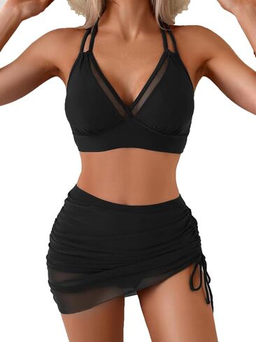 Fanuerg Womens High Pherced Bikini مجموعات البطن التحكم Swim Swimsuits شبكة Sarong لفاتين للاستحمام in Saudi Arabia
