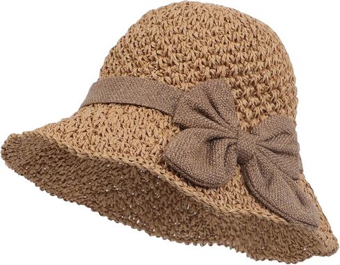 Women's Vintage Summer Straw Hat Foldable Ruffle Wide Brim Beach Sun Hat with Adjustable Bowknot for Travel Outdoor in Saudi Arabia