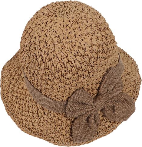 Women's Vintage Summer Straw Hat Foldable Ruffle Wide Brim Beach Sun Hat with Adjustable Bowknot for Travel Outdoor in Saudi Arabia