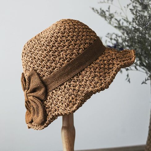 Women's Vintage Summer Straw Hat Foldable Ruffle Wide Brim Beach Sun Hat with Adjustable Bowknot for Travel Outdoor in Saudi Arabia