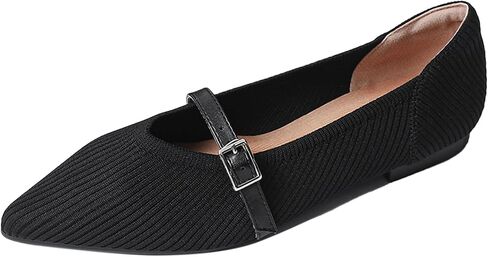 Women Knitted Striped Pointed Toe Mary Jane Flats with Adjustable Ankle Strap Comfort Casual Breathable Lightweight Washable Walking Shoes Dressy Ballet Flats for Office Dating in Saudi Arabia