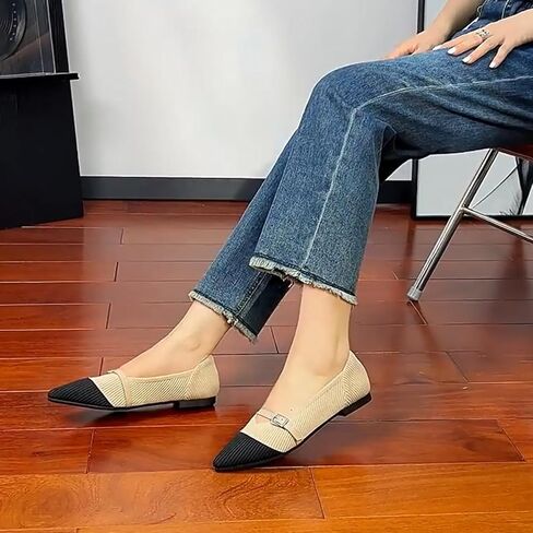 Women Knitted Striped Pointed Toe Mary Jane Flats with Adjustable Ankle Strap Comfort Casual Breathable Lightweight Washable Walking Shoes Dressy Ballet Flats for Office Dating in Saudi Arabia