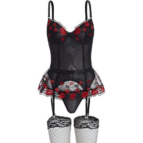 Wdirara Women's Sexy Lips Lingere Lingerie Set Lage Lingerie مع جوارب الرباط