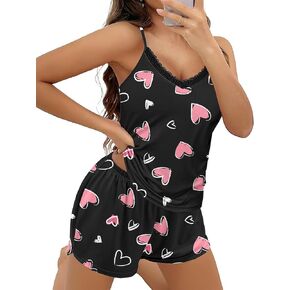 Ekouaer Pajama Sets for Women 2 Piece Soft Lingerie Sleepwear Cute Print Cami Pj Shorts Set Lace Nightwear