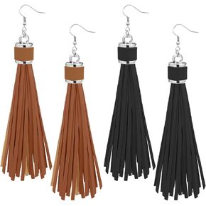 RechicGu 2x Western Earrings For Women Country Concert Pu Leather Long Tassles Stainless Steel Ear Hook Cowgirl Cowboy Bohemian Earrings Jewelry Set