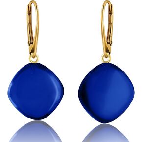 Blue Leverback Earrings for Women - Gold Plated Silver Leaf Fitting and Closure, Lightweight Edgy Semi-Precious Stone Jewelry for Ladies, Women's Earrings