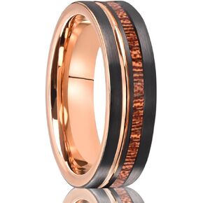 Tungsten Carbide Rings for Men Women 8MM/6MM Men's Engagement Wedding Bands Rose Gold Groove Inlaid Wood Matte Brushed