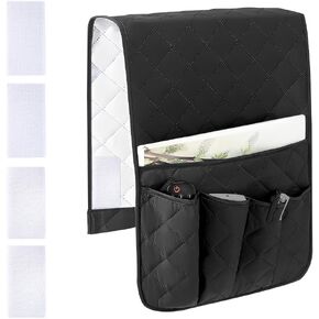RETON Sofa Armrest Organizer with 5 Pockets, Non Slip Remote Control Caddy with 8 Pieces of Hook and Loop Fasteners, Armchair Caddy Holder Storage for Magazine Recliner Book TV Phone (Black)