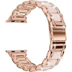 Moolia Metal Band Compatible with Apple Watch Band 38mm 40mm 41mm Women Rhinestones Resin Wristband Bling Diamond Bracelet Replacement for iWatch Series 9 8 7 6 5 4 3 2 1 SE Ultra, Rose Gold + Pink