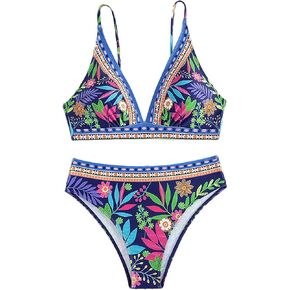 GORGLITTER Women's High Waisted Full Coverage Bikini Set Triangle Floral Modest Swimsuits Bathing Suit