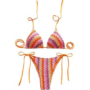 GORGLITTER Women's Crochet Thong Bikini Sets Colorful Halter Triangle Tie Side Bathing Suits