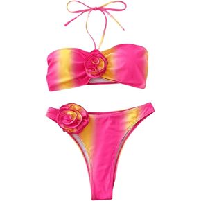 WDIRARA Women's 2 Piece 3D Flower Bikini Set Halter Thong Swimsuit High Cut Bathing Suit