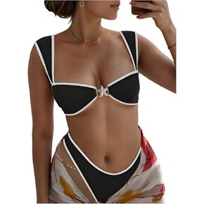 WDIRARA Women's 2 Piece Metal Starfish Thong Bikini Set Color Block Bathing Suit Cheeky Swimsuit