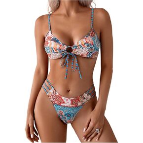 SOLY HUX Bathing Suit for Women Boho Paisley Print Tie Front Cut Out Swimsuit Two Piece Bikini Sets