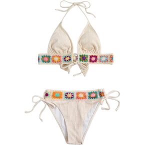 Verdusa Women's 2 Piece Boho Halter Triangle Bathing Suit Texture Print Ribbed Bikini Sets