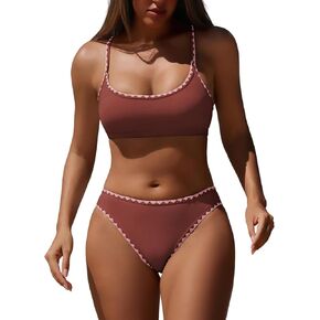 ZAFUL Women's Bikini Set Criss Cross Back Two Piece Swimsuits Scoop Neck Splicing Lace Up Textured Bathing Suits