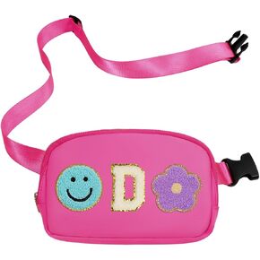 Fanny Pack For Girls Pink Kid Crossbody Bag Chenille M Letter Preppy Belt Bag, Christmas Birthday Graduation Gifts For Girl Teen Daughter Sister, Personalized Nylon Fanny Packs