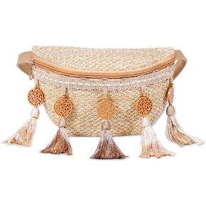 Fanny Packs for Women, Straw Crossbody Bag, Bohemia Tassels Handmade Belt Bags Chest Bag