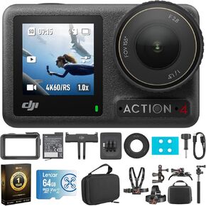 DJI Osmo Action 4 Adventure Combo - 4K Waterproof Action Camera with Battery Case Bundle with Lexar 64GB Memory Card, Protective Case, Outdoor Kit and 1 YR CPS Enhanced Protection Pack
