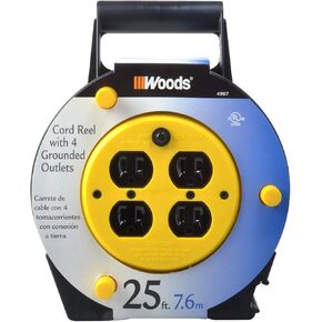 Woods 4907 Extension Cord Reel with 4-Outlets 16/3 SJTW and 12A Circuit Breaker; 25-Foot