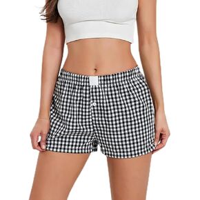 AMIYAN Womens Boxer Shorts Casual Summer Cotton Pajama Lounge Sleep Gingham Shorts Low Waist Y2K Beach Bottoms