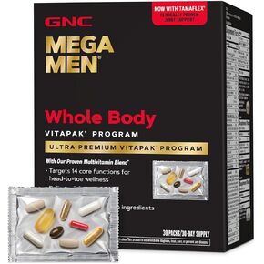 Mega Men Whole Body Ultra Premium Vitapak Program, GNC’s Best Nutrition Pack for Male Wellness, Convenient, 8 Products in 1 Packet, Memory, With Clinically Proven Ingredients, Joint Support, 30 svgs