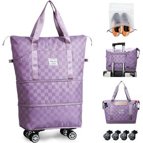 Rolling Duffle Bag with Wheels Expandable Foldable Travel Duffel Bag Checkerboard Carry on Luggage Bag Weekender Bag for Men Women