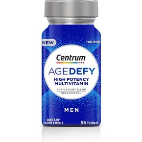 Centrum Age Defy for Men, All-in-1 High Potency Multivitamin + Healthy Aging Supplement, Multivitamin Blend with Resveratrol, and Niacin for NAD+ Level Support, Aluminium Bottle, 56 Tablets