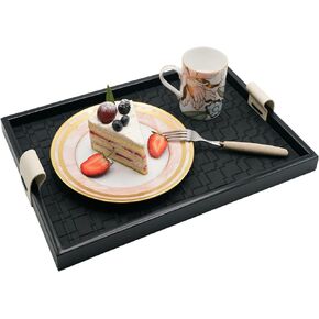 Modern Luxury Woven Leather and Wooden Rectangle Tray - Jewelry, Vanity, Decorative, Catchall, Serving Tray for All Occasions (Beige, Large) in Saudi Arabia