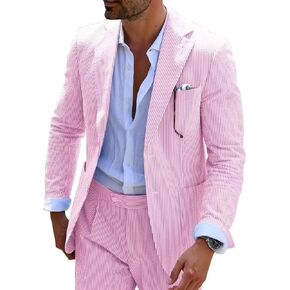 Mens Seersucker Suit Summer 2 Pieces Casual 2 Button Slim Fit Stripe Suits for Men Wedding Party Suit Jacket Pants