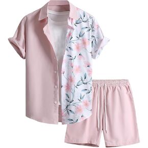 OYOANGLE Men's 2 Piece Button Down Outfits Floral Print Short Sleeve Shirt and Shorts Hawaiian Sets
