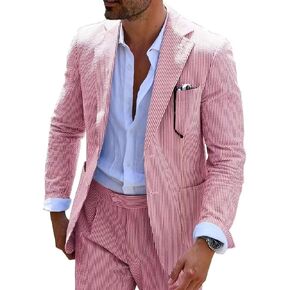 Mens Seersucker Suit Summer 2 Pieces Casual 2 Button Slim Fit Stripe Suits for Men Wedding Party Suit Jacket Pants in Kuwait