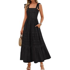 MEROKEETY Women's Summer Boho Maxi Dress Beach Vacation Casual Smocked A Line Sundress with Pockets